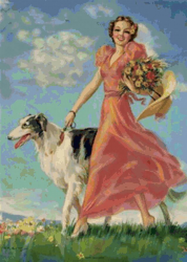 На прогулке - живопись, собака, девушка, пейзаж - предпросмотр