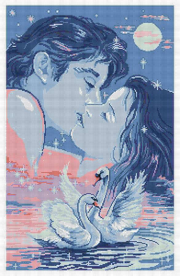 нежность - романтика, пара, картина, лебеди, поцелуй, двое, любовь, влюбленные - предпросмотр