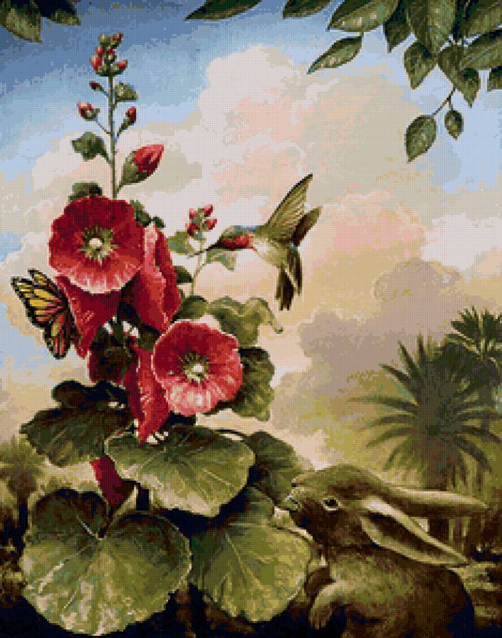 №101227 - заяц, птицы, цветы - предпросмотр