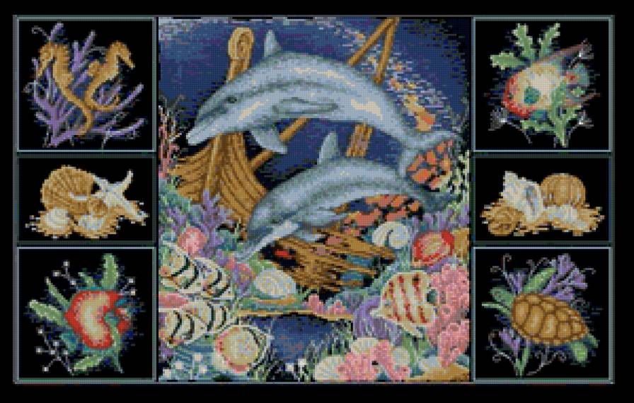 водный мир - океан, дельфин, море, картина, рыбы, триптих, дельфины - предпросмотр