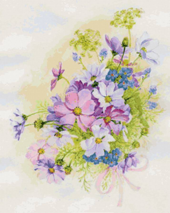 космея - подушка, незабудки, букет, цветы, открытка - предпросмотр