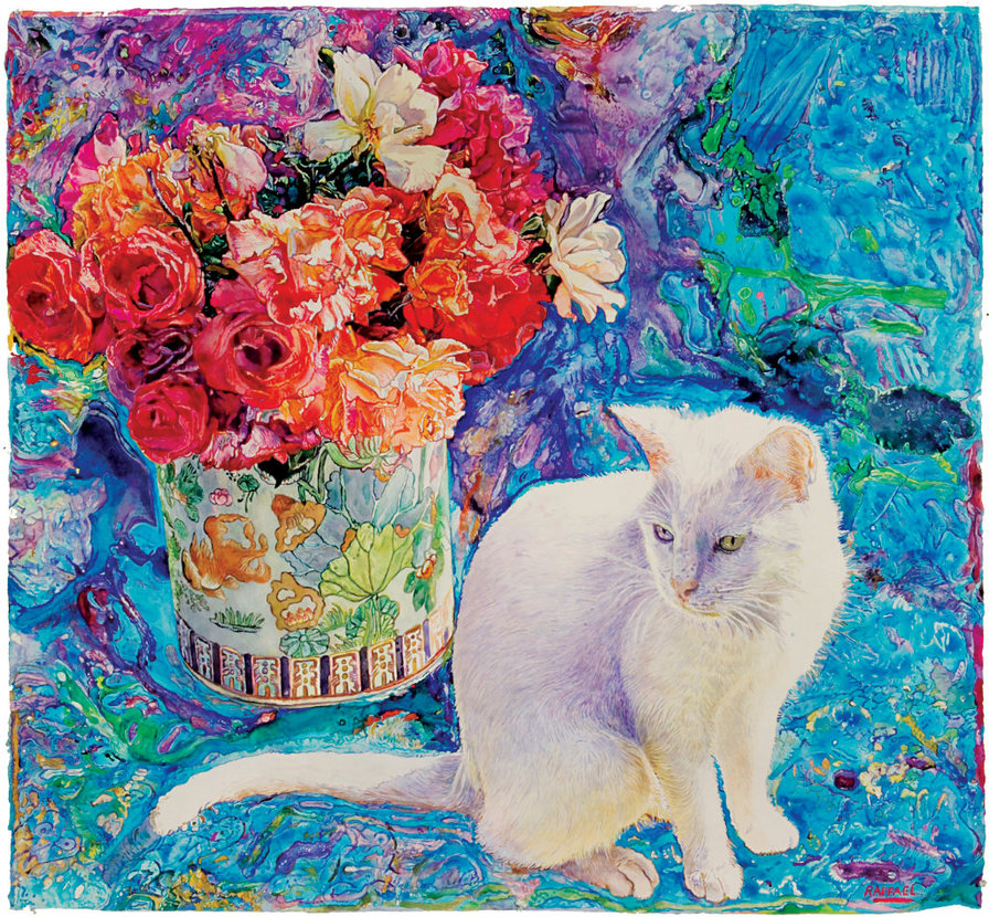 Серия "Кошки" - пионы, кошки, животные, букет, цветы - оригинал