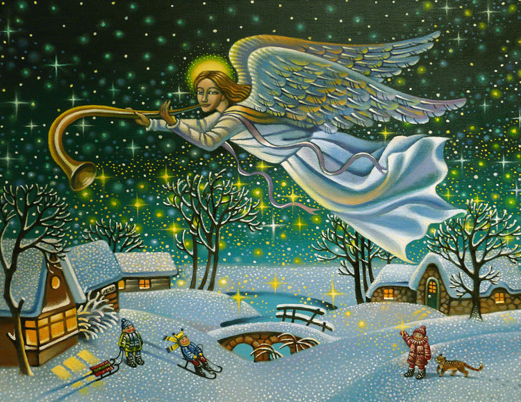 Волшебное Рождество - пейзаж, снег, ангел, зима, люди, домик - оригинал