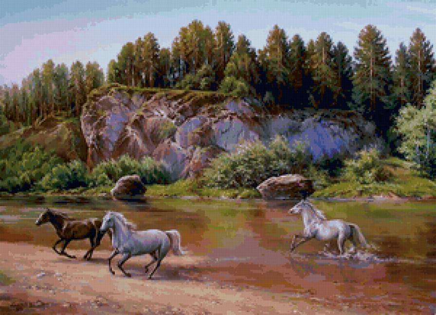 Лошади - животные, природа, река, лошадь, пейзаж, конь - предпросмотр