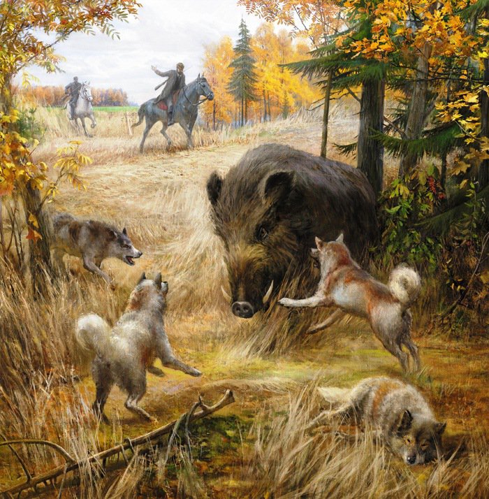Охота на кабана - природа, собаки, охотники, звери, лес, животные, охота, живопись - оригинал