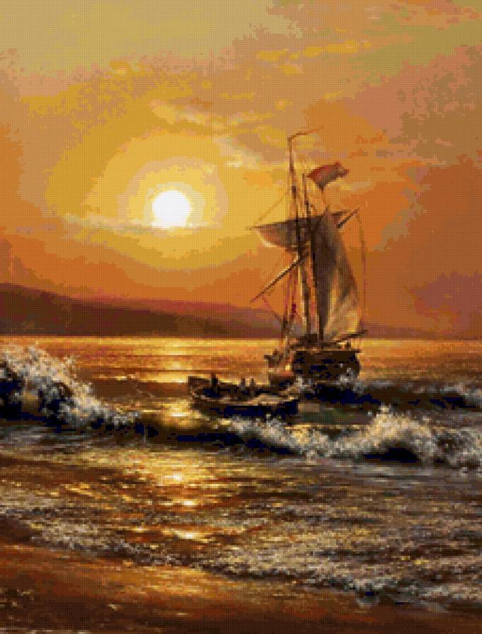 закат на море - пейзаж, корабли, море, закат, природа - предпросмотр