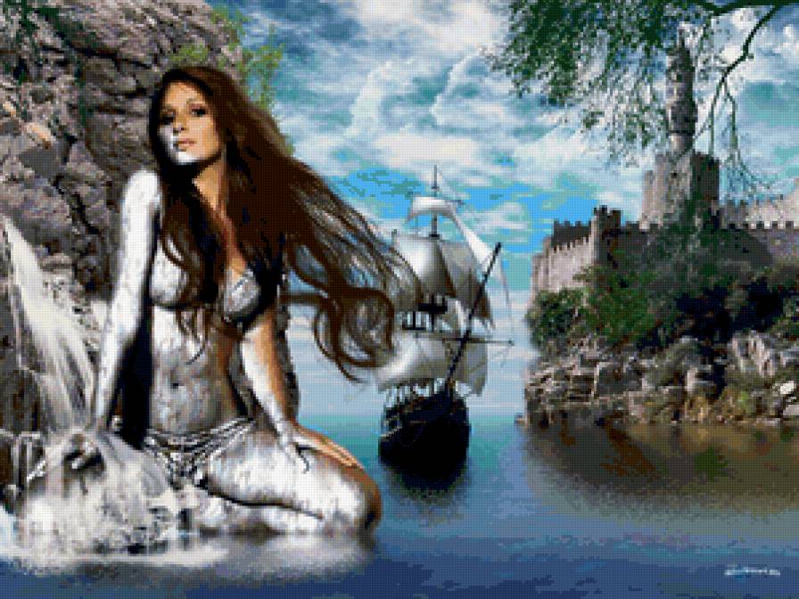 девушка водопад - водопад, девушка, фэнтези, замок, вода, море, корабль - предпросмотр