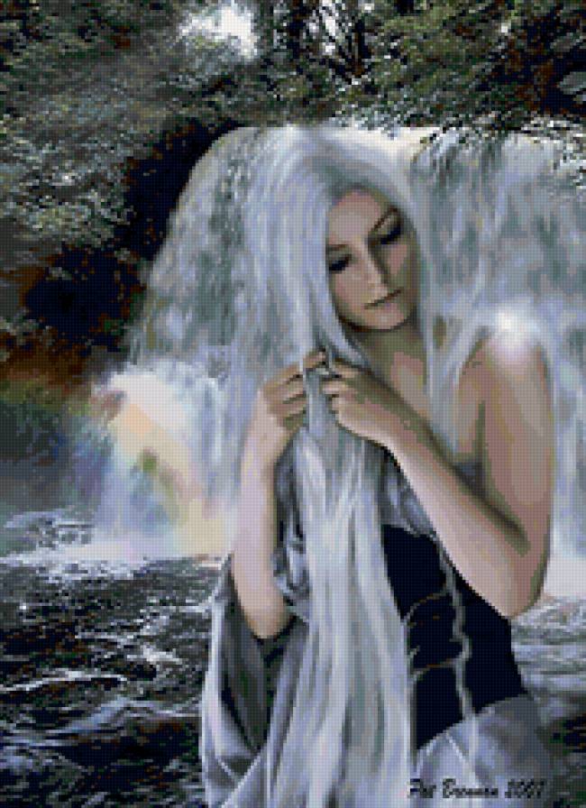 девушка и водопад - водопад, вода, девушка, фэнтези - предпросмотр