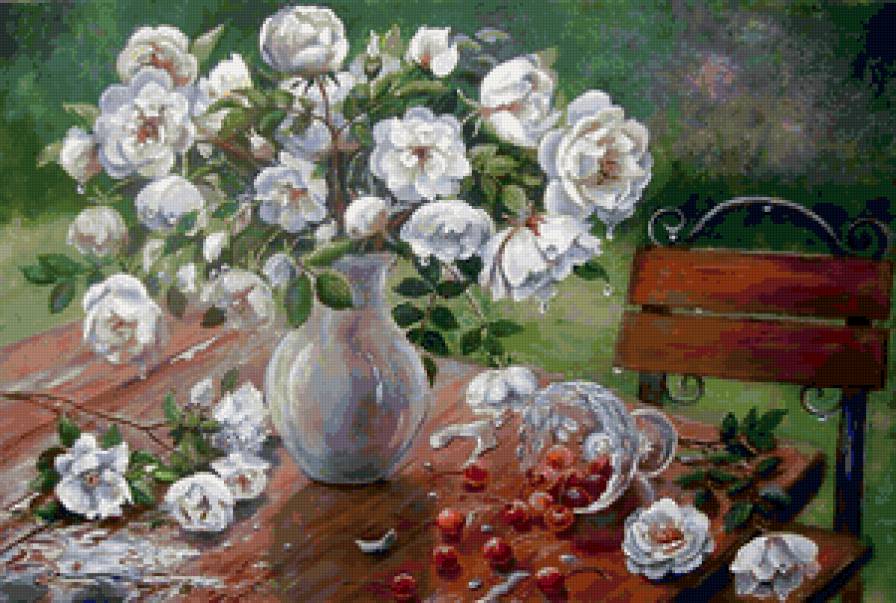 Белый шиповник и вишневая россыпь - ягоды, шиповник, вишня, цветы, натюрморт - предпросмотр