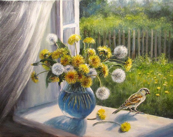 Солнышко на подоконнике - натюрморт, цветы, одуванчик, птица - оригинал