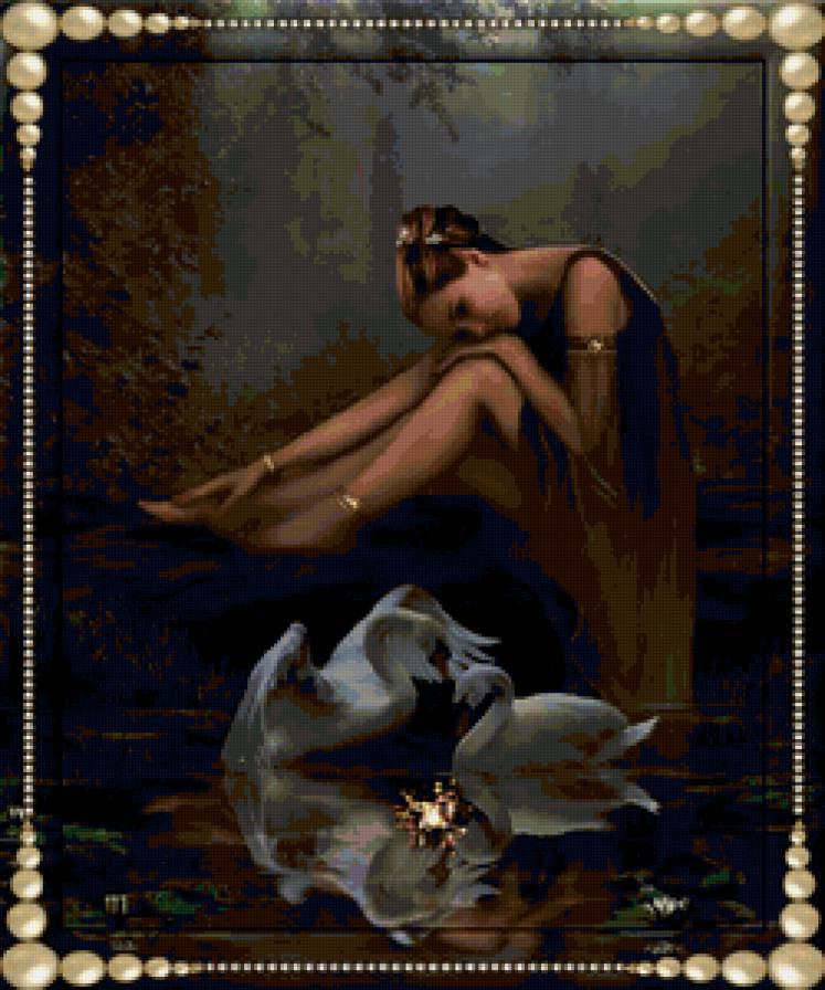 у пруда - вода, лебеди, озеро, картина, девушка - предпросмотр