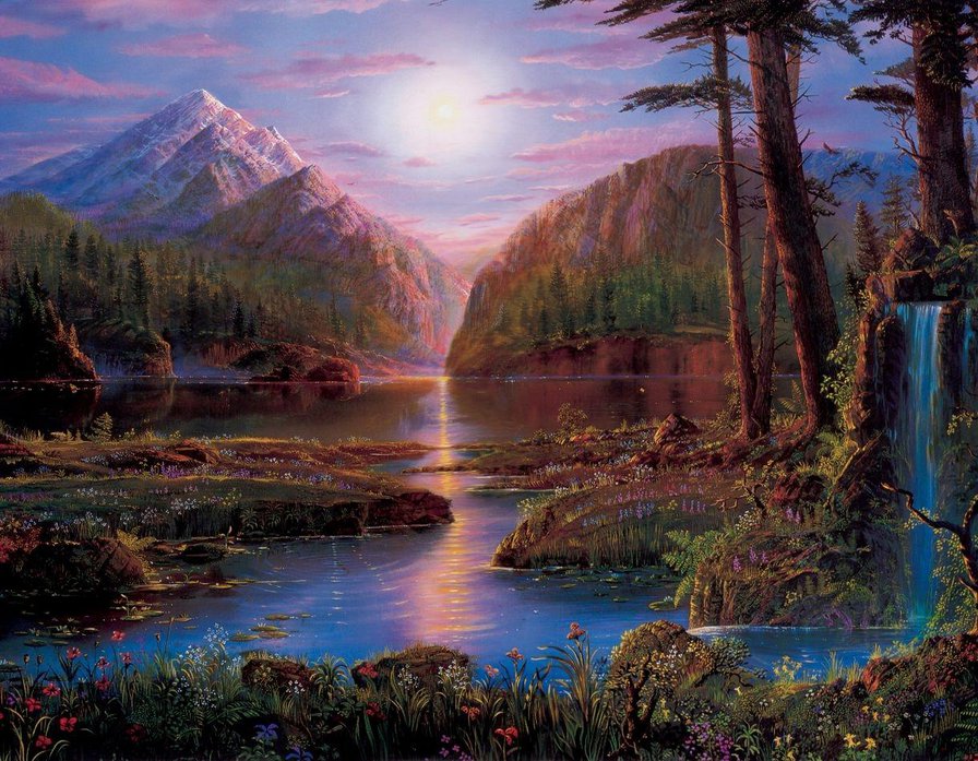 Фантастический горный пейзаж - рисунок, картина, пейзаж, природа, горы, водопад - оригинал