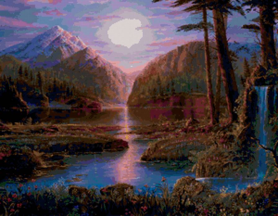 Фантастический горный пейзаж - пейзаж, водопад, картина, горы, природа, рисунок - предпросмотр