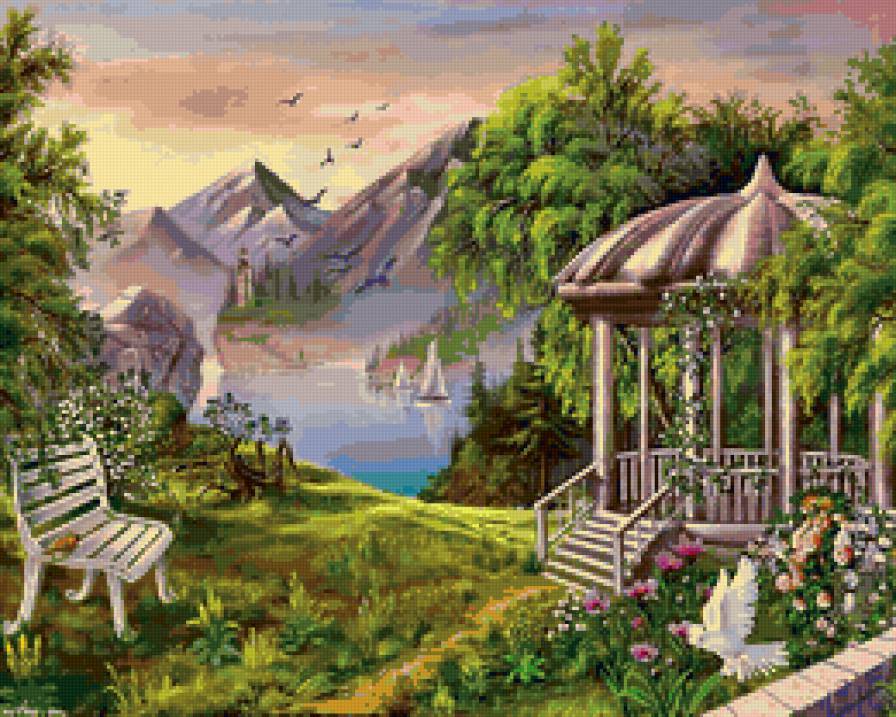 Беседка - красота, природа, терраса, пейзаж, цветы, море - предпросмотр