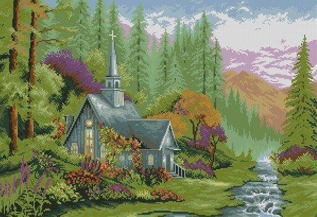 пейзаж - лес, картина, дом, речка, природа - оригинал