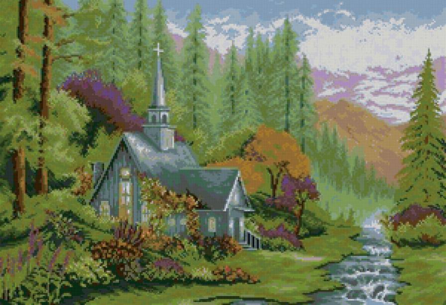 пейзаж - природа, речка, картина, дом, лес - предпросмотр