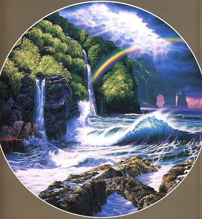 Пейзаж - радуга, море, пейзаж, живопись - оригинал