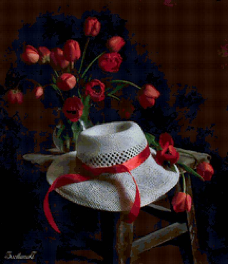натюрморт - тюльпаны, цветы, шляпа, натюрморт - предпросмотр