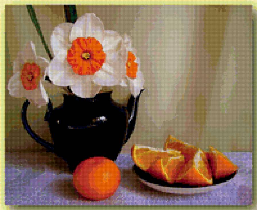 натюрморт - цветы, апельсин, натюрморт - предпросмотр