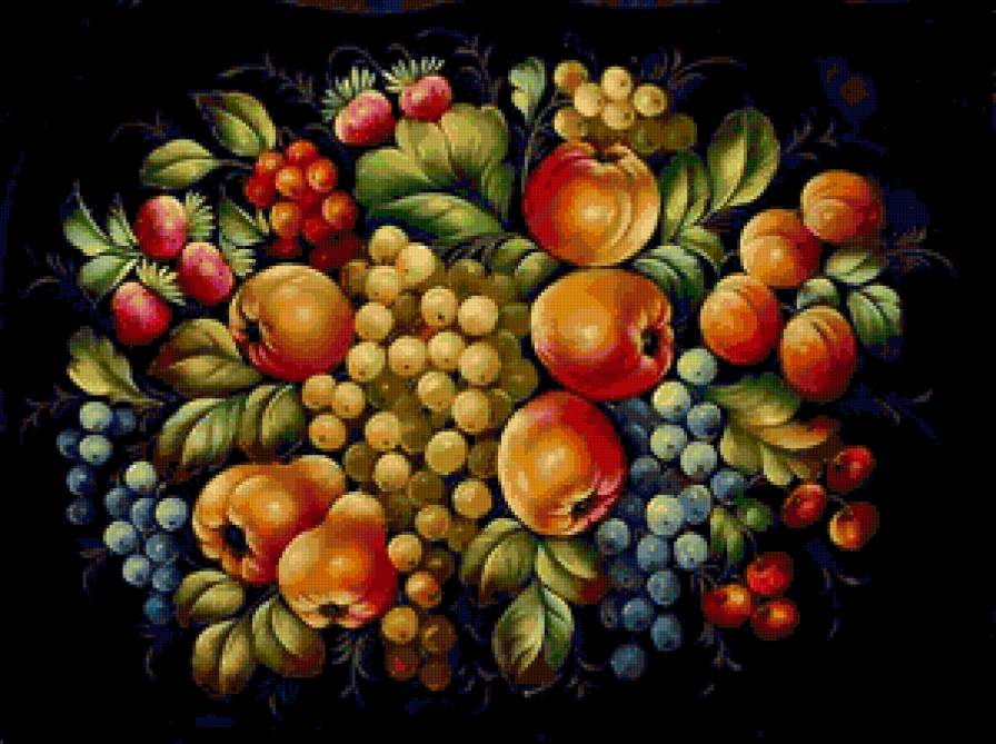 Жостовские мотивы - картинка для кухни, виноград, фрукты, яблоки, роспись - предпросмотр