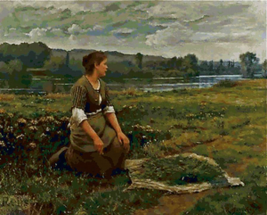 Собирательница - река, девушка, лето, пейзаж - предпросмотр