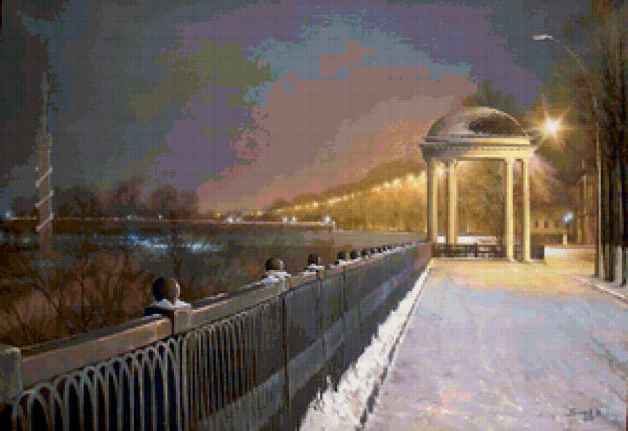 №105598 - дорога, пейзаж, беседка, ночь, зима, река - предпросмотр