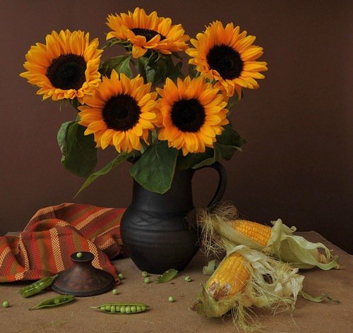 Натюрморт с подсолнухами - букет, натюрморт, цветы в вазе - оригинал