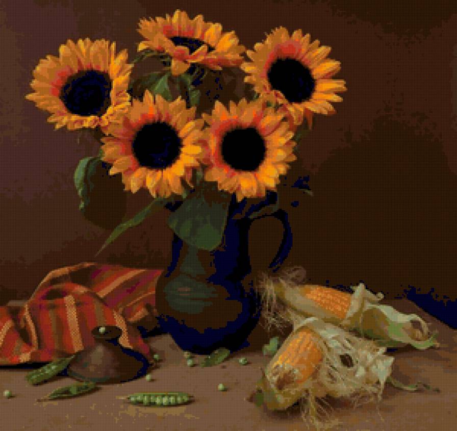 Натюрморт с подсолнухами - натюрморт, букет, цветы в вазе - предпросмотр