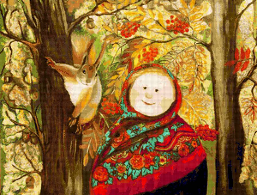 Рябиновая осень - рябинка, девушка, белка, осенняя, осень, ягодки, рябина - предпросмотр