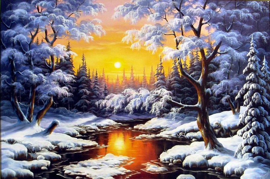 Зимний закат - пейзаж, зима, ели, зимняя картина, природа, закат, лес, снег - оригинал