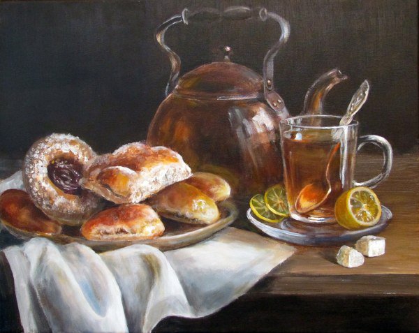 Вкусный завтрак - завтрак, натюрморт, живопись, картина, хлеб - оригинал