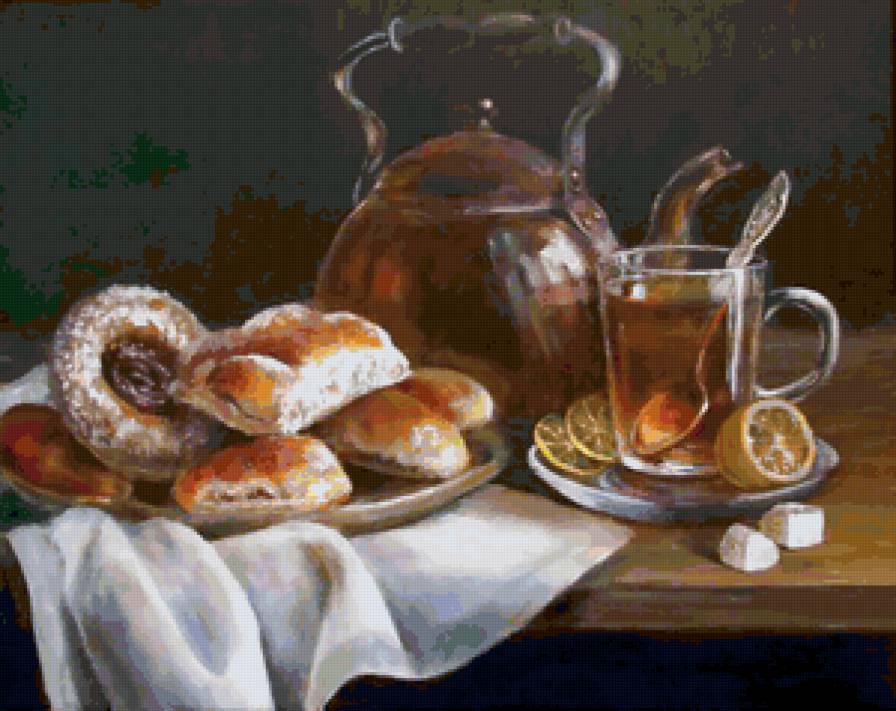 Вкусный завтрак - завтрак, натюрморт, живопись, хлеб, картина - предпросмотр