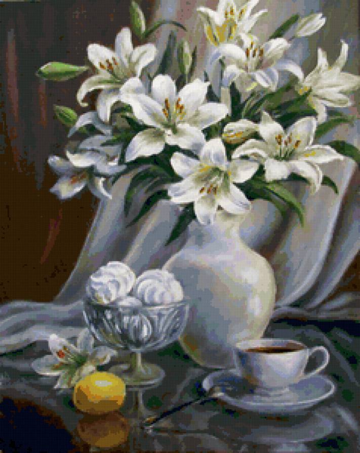 Натюрморт - зефир, натюрморт, цветы, лилии, живопись, картина - предпросмотр