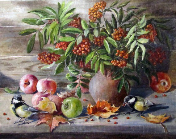Осенняя пора - натюрморт, картина, птицы, синицы, рябина, осень, живопись - оригинал