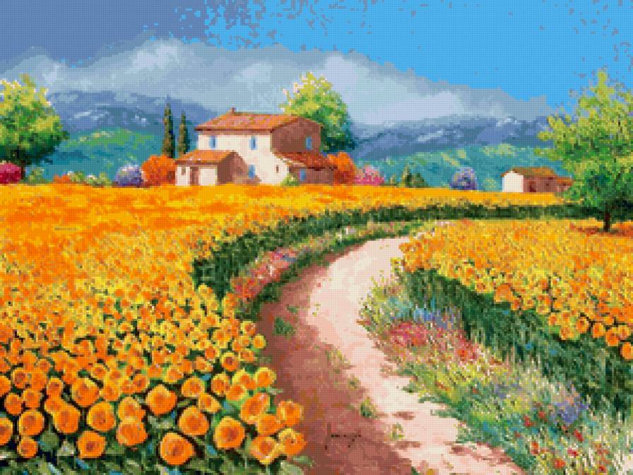 домик - пейзаж, деревня, лето, подсолнухи, дом - предпросмотр