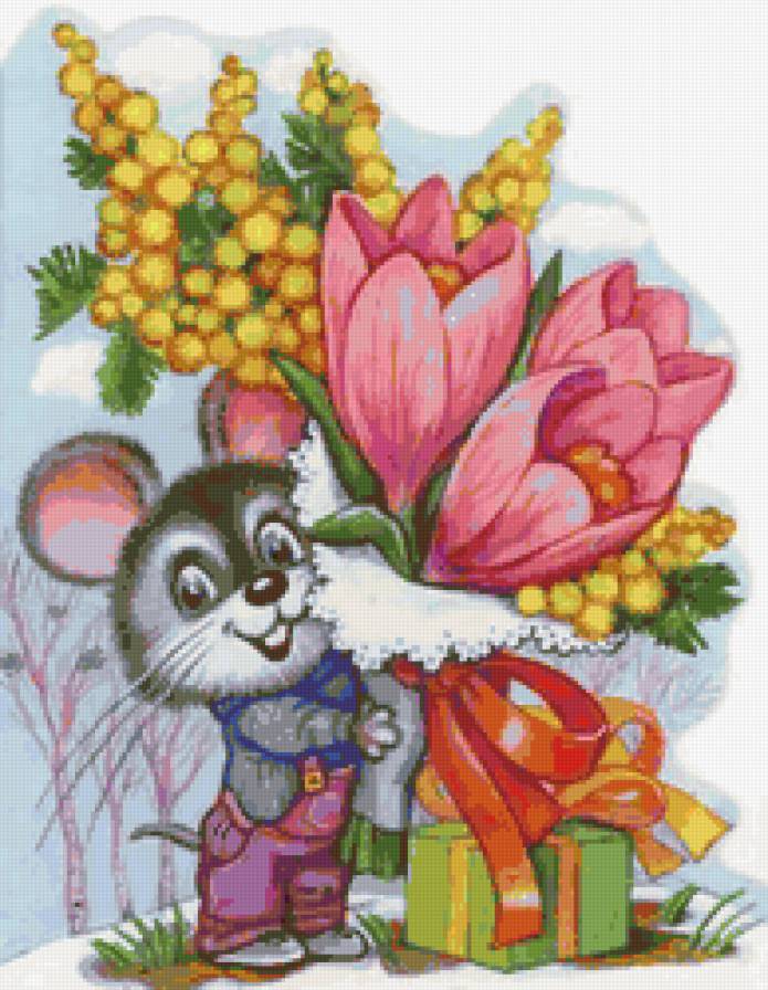 Ретро-открытки - цветы, мышка, открытка - предпросмотр