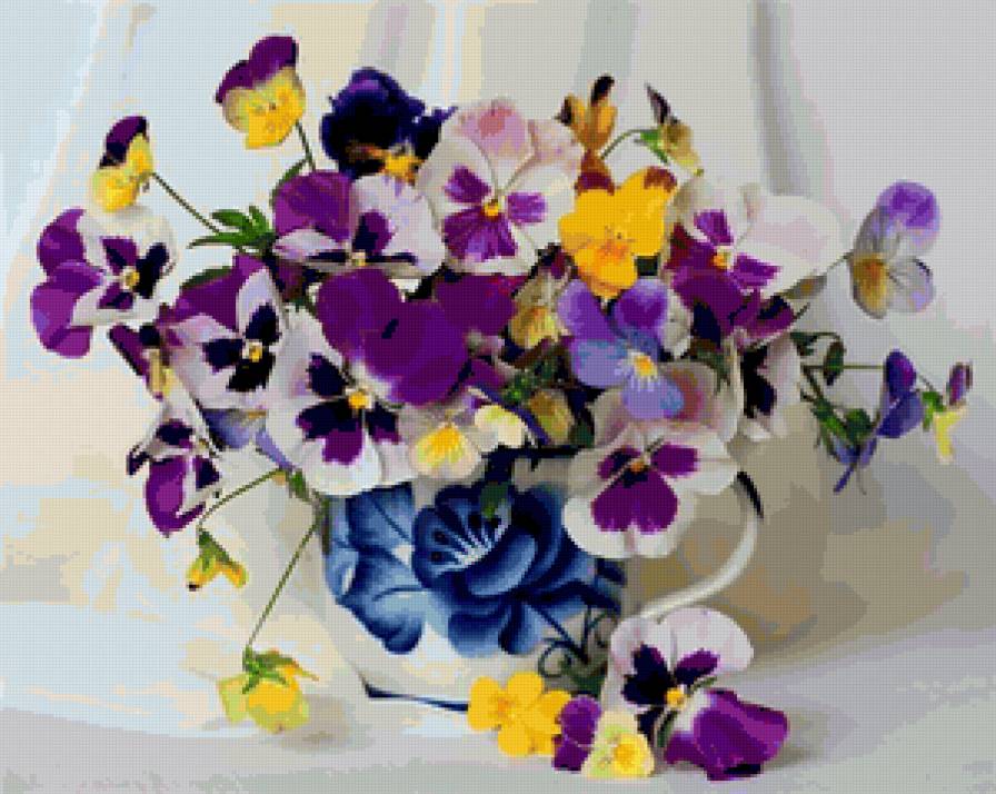 Анютины глазки - цветы, букет, гжель - предпросмотр