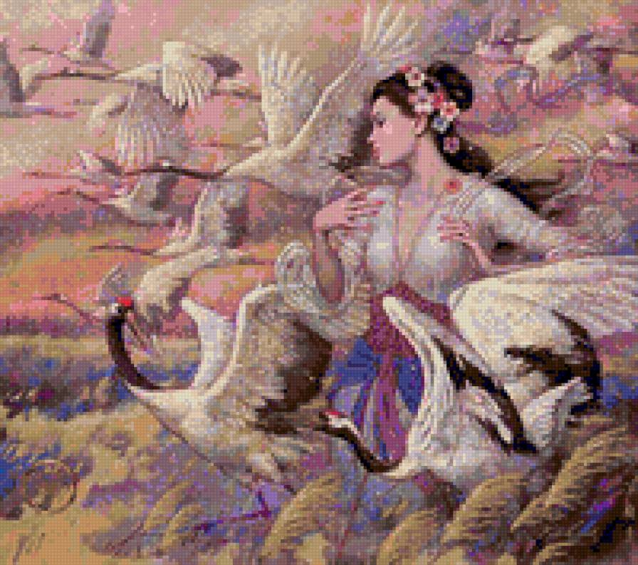 японка весна - девушка, гуси - предпросмотр