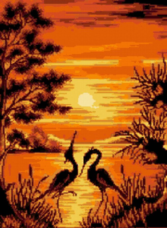 картина - закат, любовь, цапля, природа, пейзаж, птицы, цапли, силует - предпросмотр