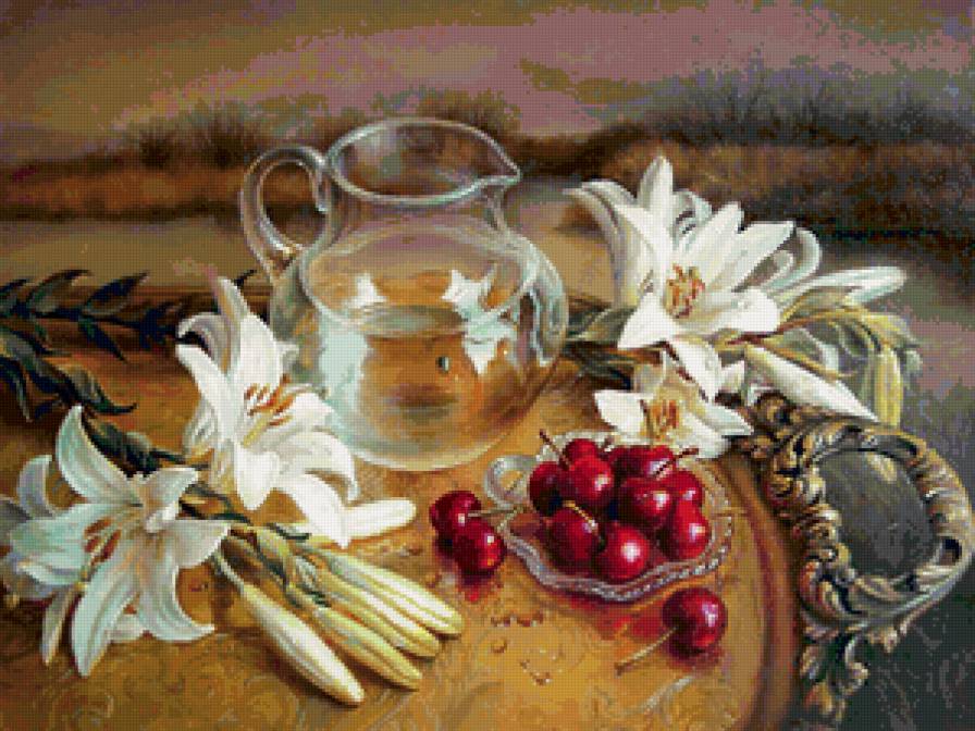 Черешня и лилии - илиева мария, живопись - предпросмотр