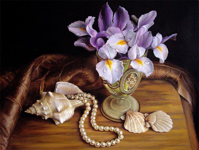 Ирисы и ракушки - живопись, илиева мария - оригинал