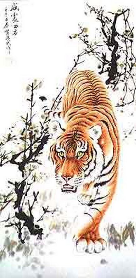 тигр на снегу - тигры, кошка, китайская живопись, хищники - оригинал