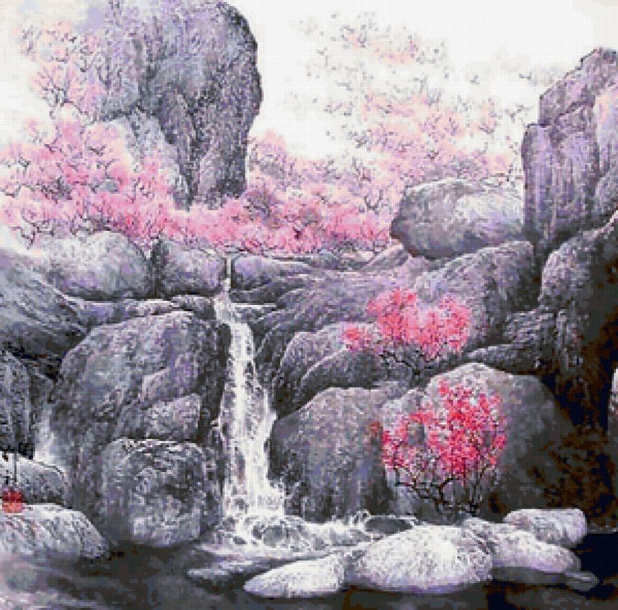 розовый водопад - природа, вода, картина, пейзаж, водопад - предпросмотр