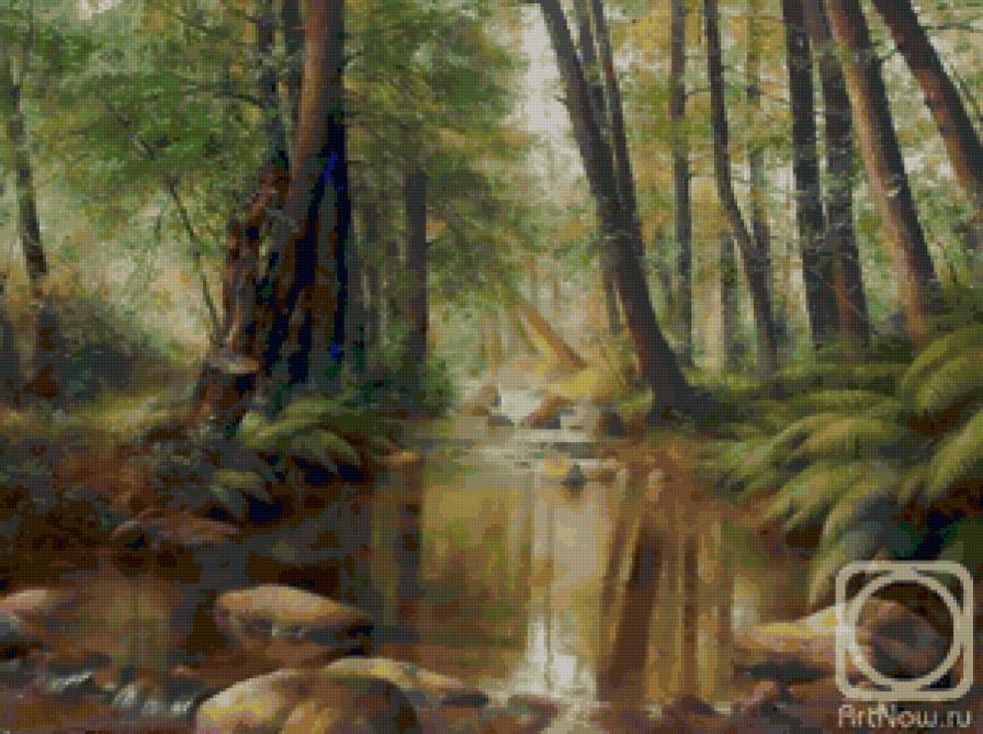 Ручей в лесу - река, картина, природа, пейзаж, лес - предпросмотр