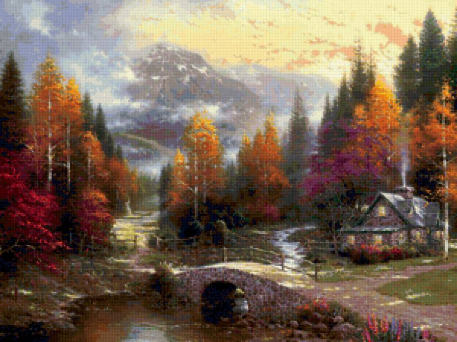 Серия "Пейзажи" - пейзаж, осень, домик, река, горы - предпросмотр