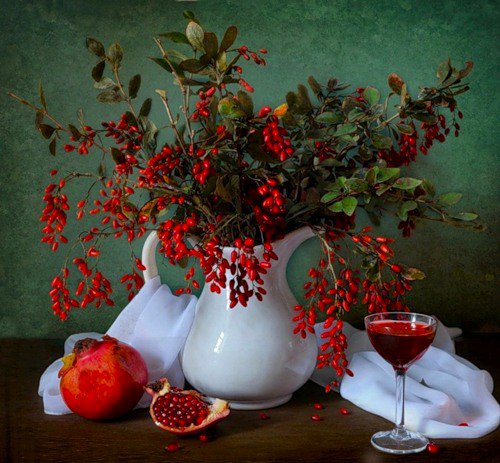 Натюрморт с гранатом - букет, цветы в вазе, натюрморт - оригинал