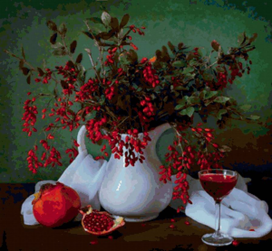 Натюрморт с гранатом - цветы в вазе, букет, натюрморт - предпросмотр