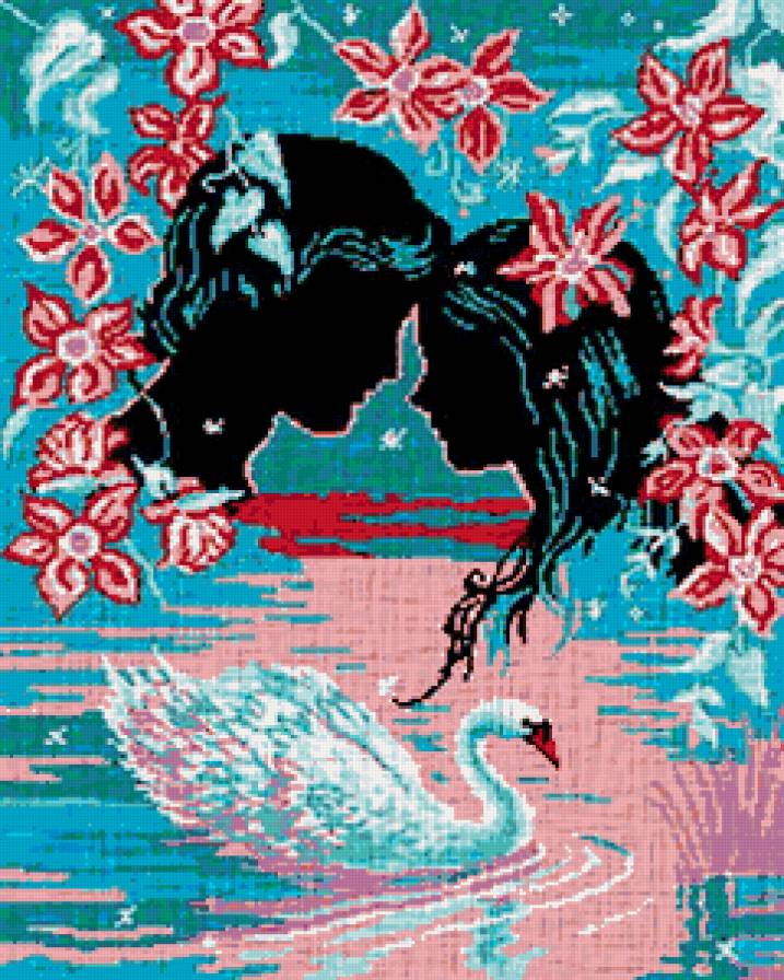 нежность - двое, влюбленные, картина, романтика, птицы, любовь, силуеты, лебедь - предпросмотр