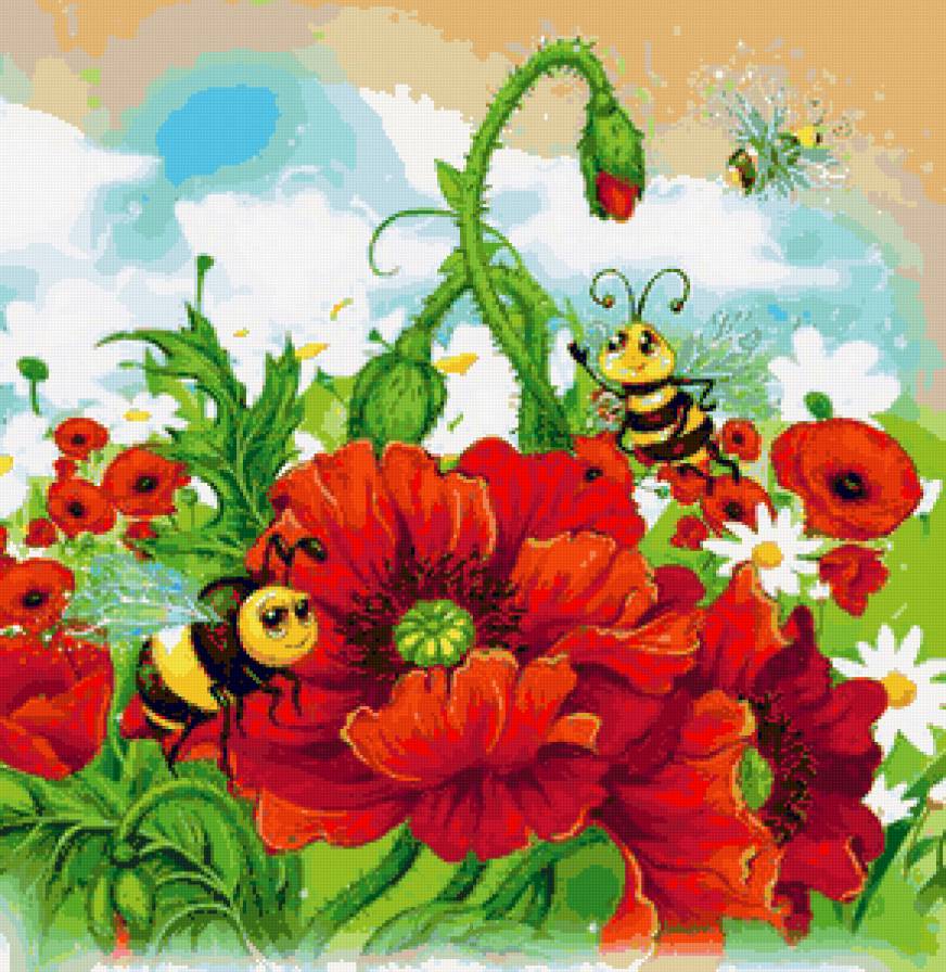 Пчёлки и маки - цветы, пчелки, маки, сказка, лето, иллюстрации, мак, бабочки - предпросмотр