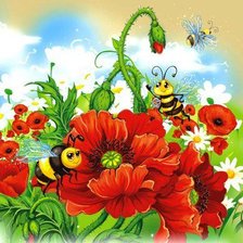 Оригинал схемы вышивки «Пчёлки и маки» (№108585)